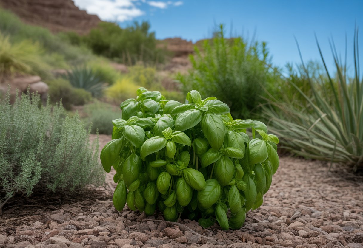 A garden in Utah with healthy native basil plants surrounded by native vegetation and rocky soil under a clear blue sky.