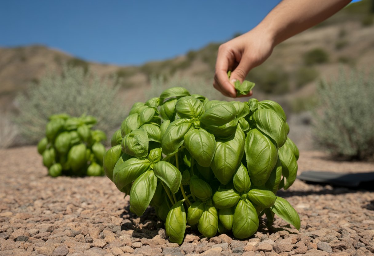 A close-up of a native basil plant growing in a dry Utah landscape with a gardener's hand tending to it.