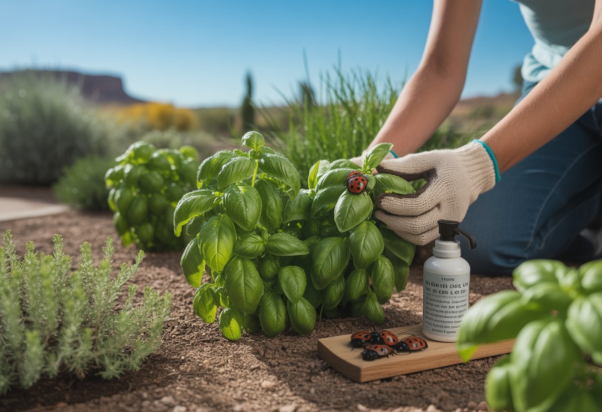 A gardener inspecting healthy basil plants in a natural Utah garden with native plants and clear sky.