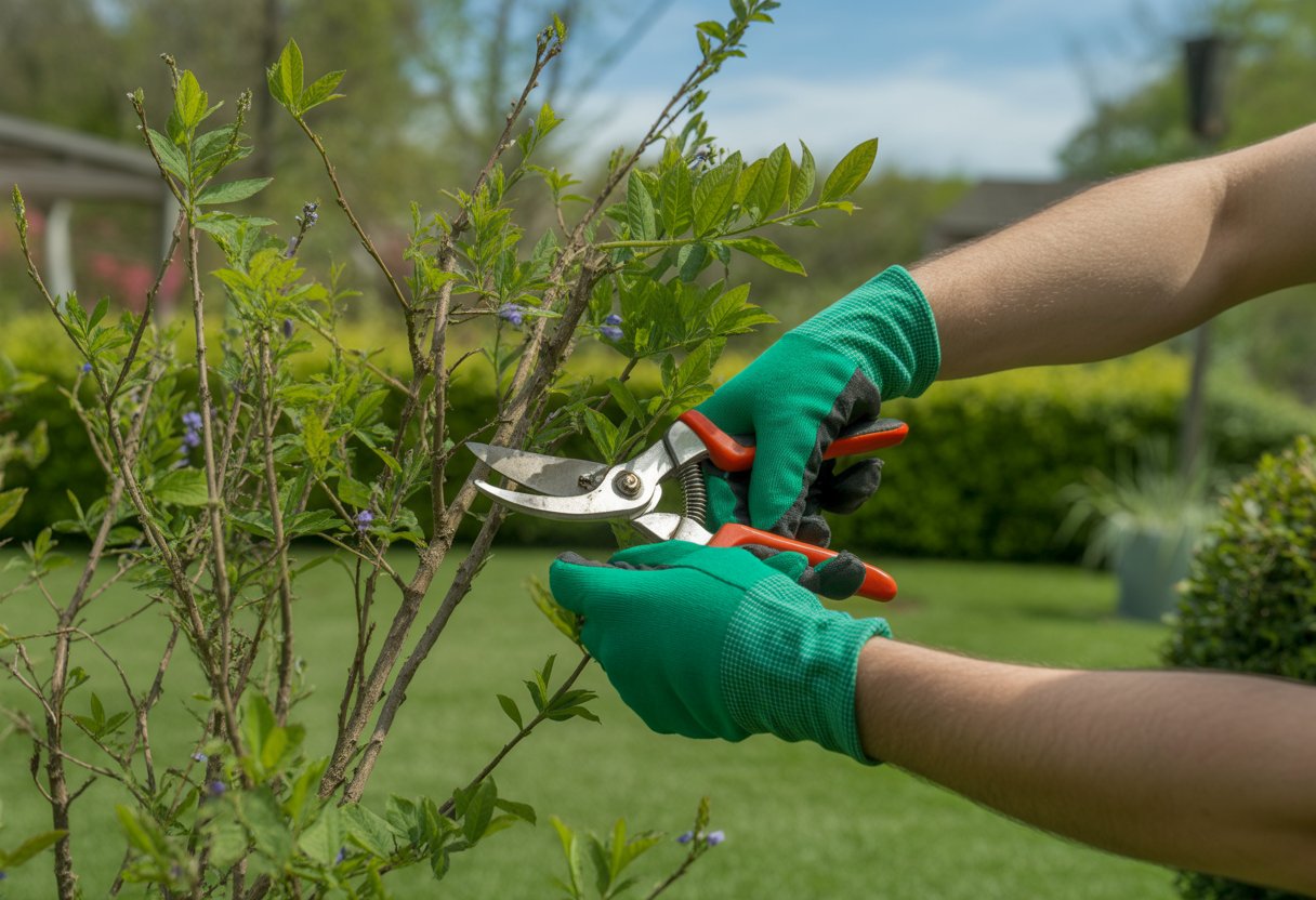 A person wearing gardening gloves pruning a false indigo shrub with pruning shears in a sunny garden.