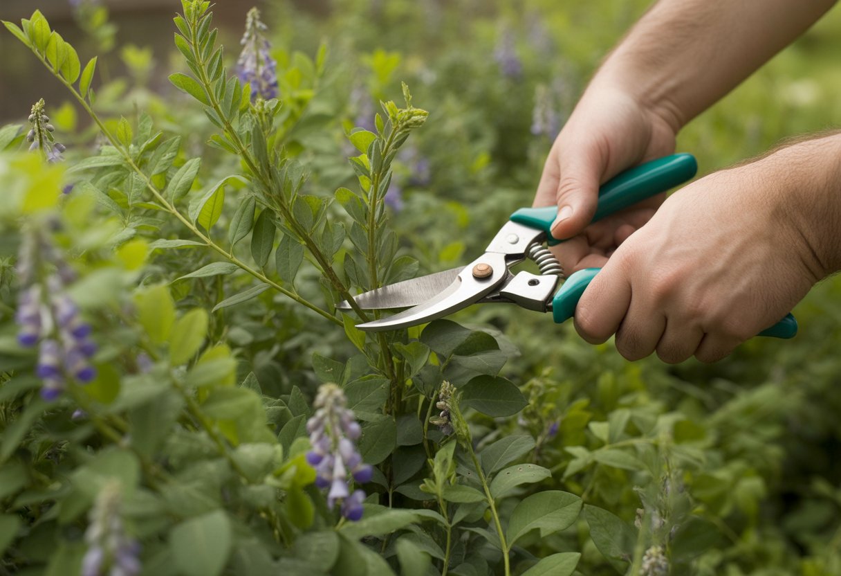 A gardener pruning false indigo plants with pruning shears in a garden.