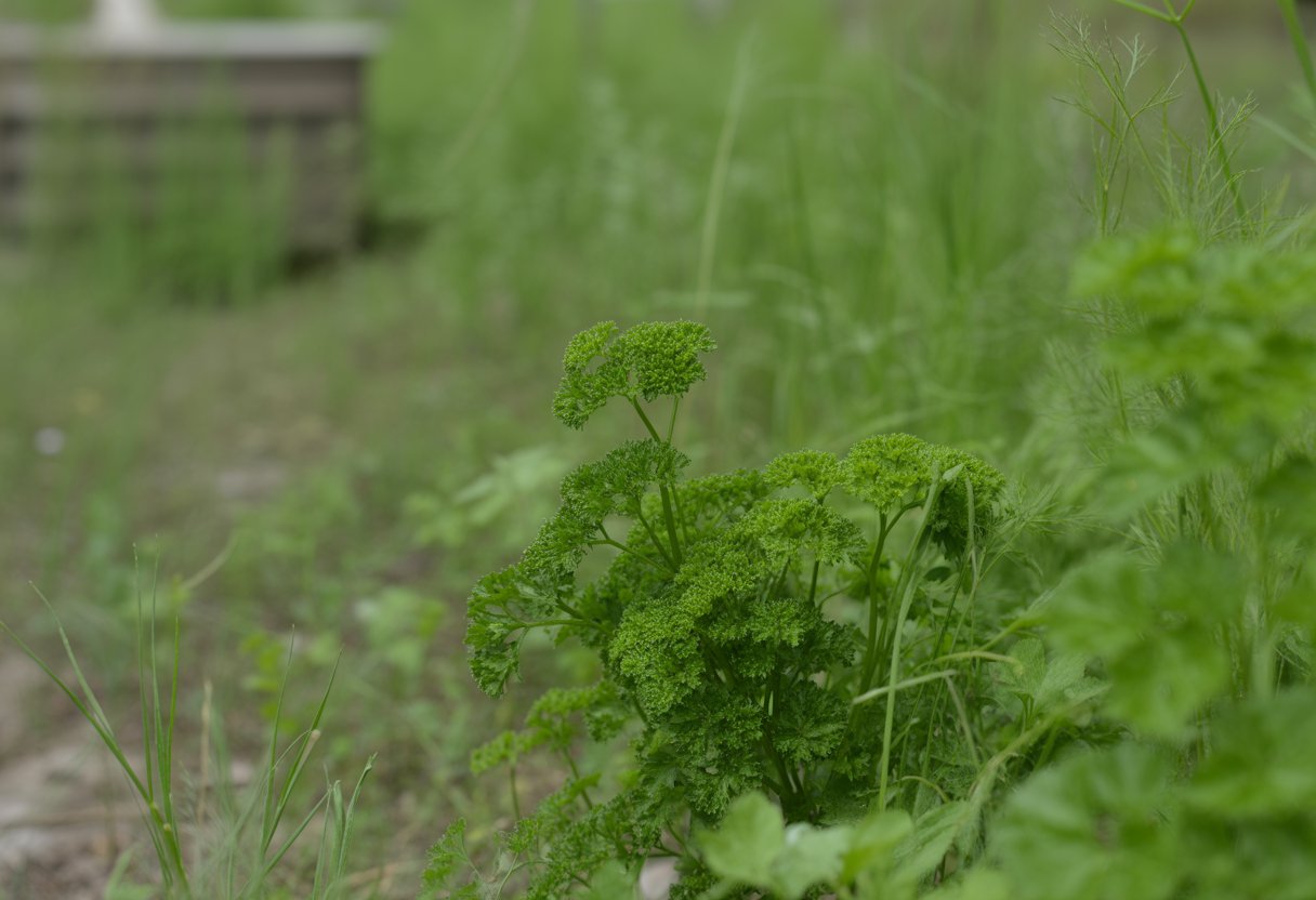 Close-up of fresh green parsley growing outdoors with blurred natural background.