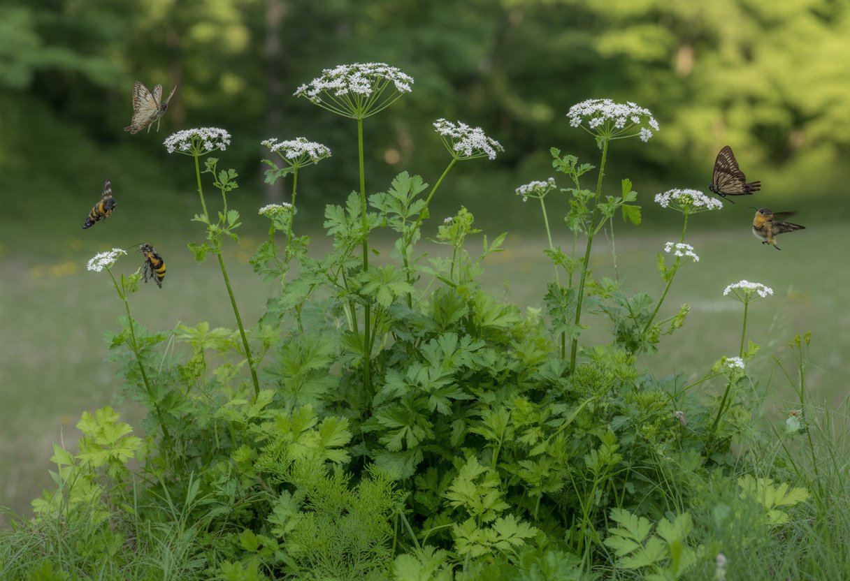 Native parsley plants growing in an Ohio natural habitat with butterflies, bees, and small birds around them.