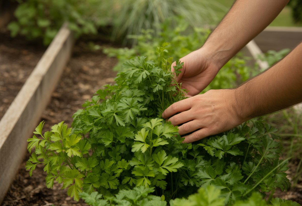 Hands caring for green native parsley plants growing in a garden with soil and other plants in the background.