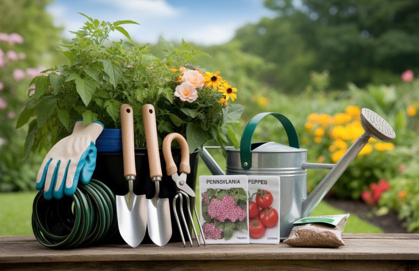 A collection of gardening tools including gloves, trowel, pruning shears, watering can, and seed packets arranged on a wooden table with a garden in the background.