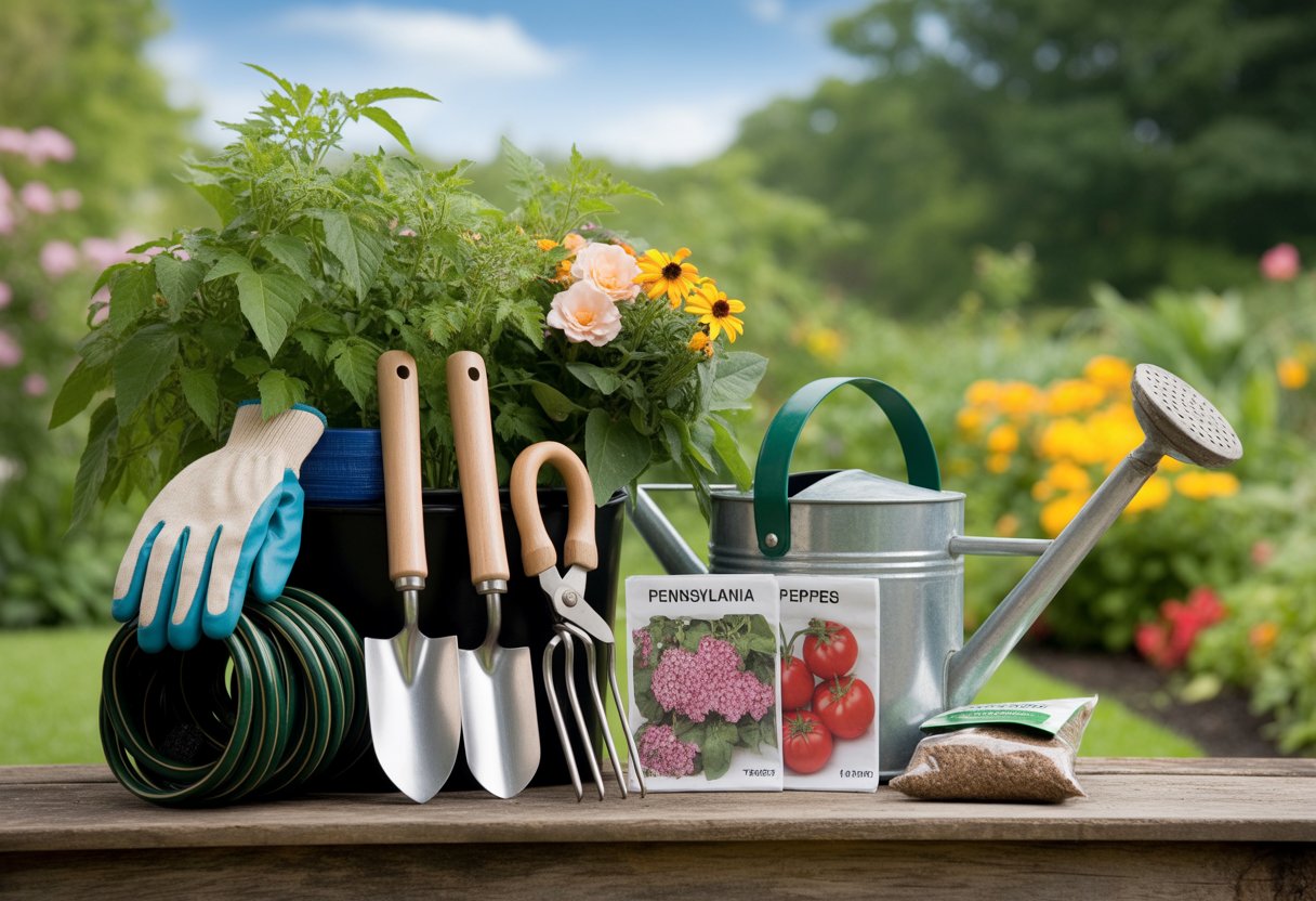 Tools Every Pennsylvania Gardener Needs for a Successful Growing Season - PlantNative.org A collection of gardening tools including gloves, trowel, pruning shears, watering can, and seed packets arranged on a wooden table with a garden in the background.