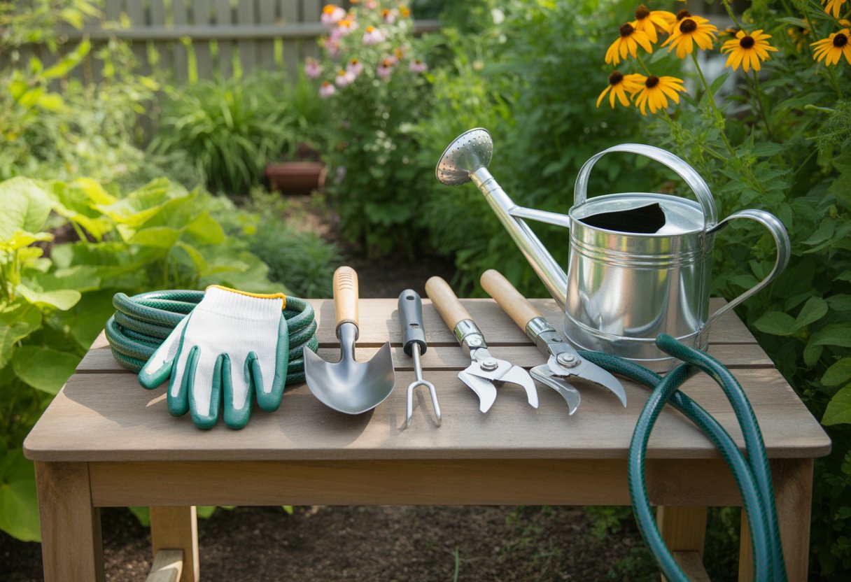 Tools Every Pennsylvania Gardener Needs for a Successful Growing Season - PlantNative.org A collection of gardening tools including gloves, trowel, pruning shears, garden fork, watering can, and hose arranged on a wooden table in a green garden with flowering plants and sunlight.