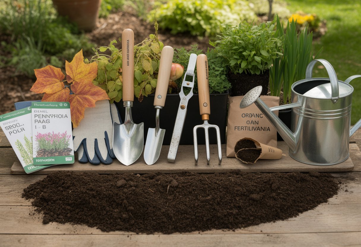 Tools Every Pennsylvania Gardener Needs for a Successful Growing Season - PlantNative.org A collection of gardening tools and soil arranged on a wooden table outdoors with seasonal plants and leaves in the background.