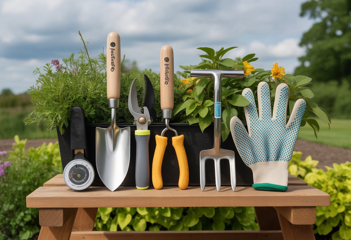 Tools Every Pennsylvania Gardener Needs for a Successful Growing Season - PlantNative.org A set of gardening tools arranged on a wooden bench outdoors with green plants and a garden bed in the background.