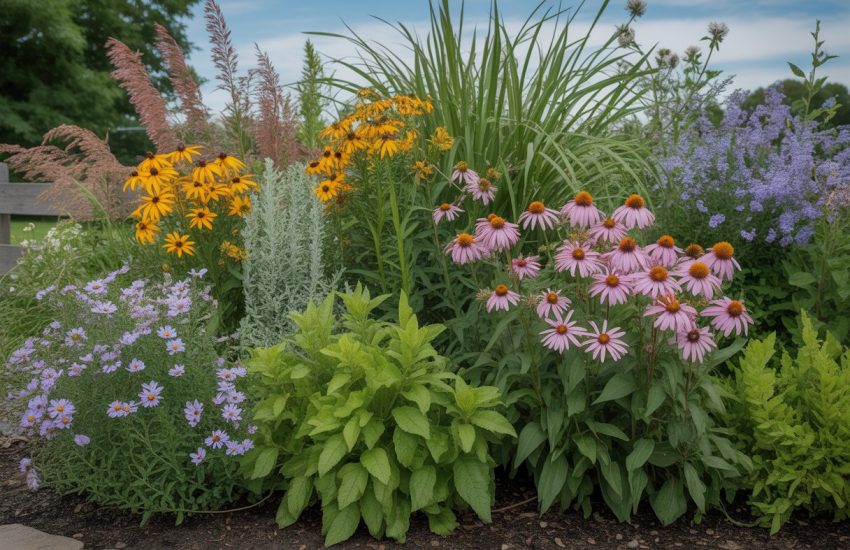 A garden bed with green foliage and colorful native Pennsylvania plants including purple coneflowers, black-eyed Susans, and blue asters under a clear sky.