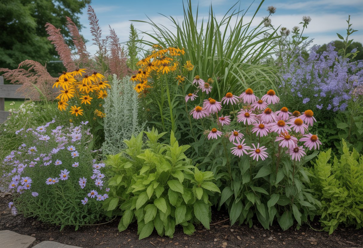 A garden bed with green foliage and colorful native Pennsylvania plants including purple coneflowers, black-eyed Susans, and blue asters under a clear sky.