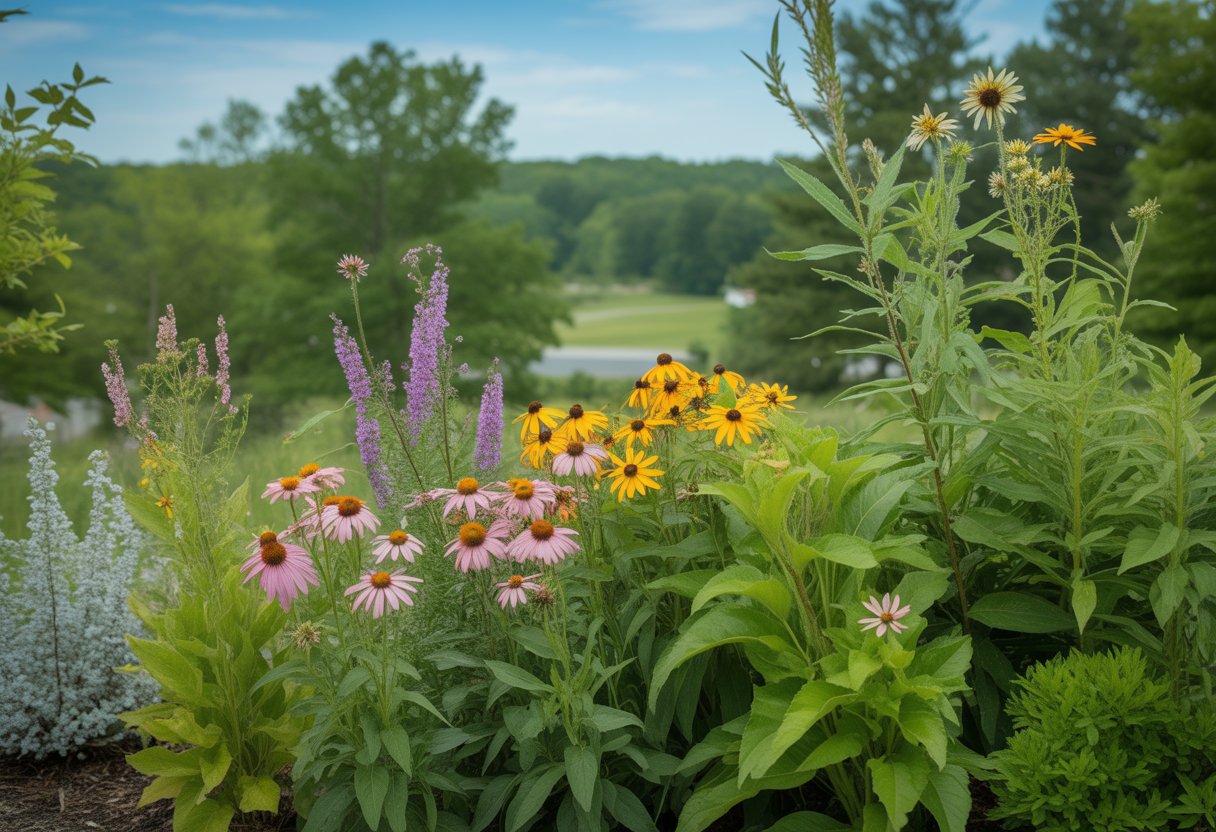 A garden in Pennsylvania filled with healthy native plants and wildflowers under a clear blue sky.