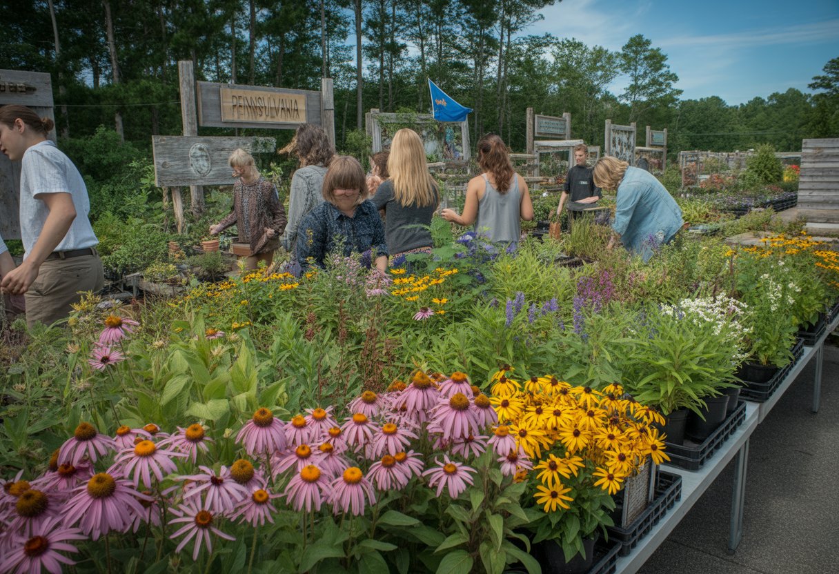 Outdoor native plant nursery in Pennsylvania with rows of colorful low maintenance plants and people browsing among them.