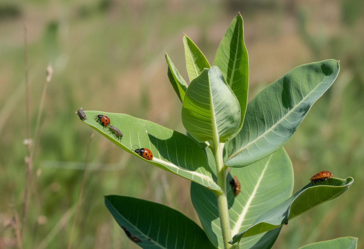 Close-up of a healthy milkweed plant with beneficial insects like ladybugs on its green leaves outdoors.