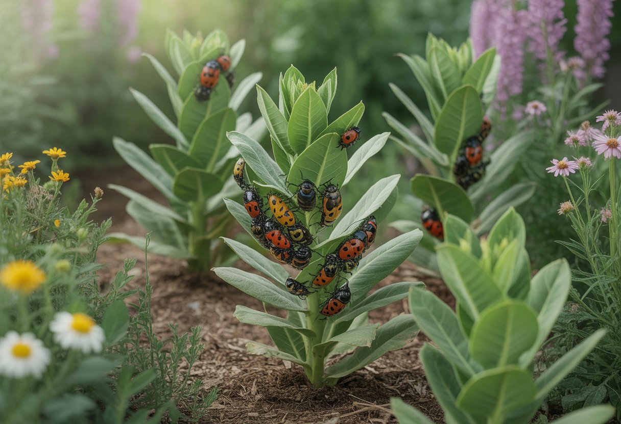 A garden with healthy milkweed plants surrounded by beneficial insects like ladybugs, showing natural pest control in an organic gardening setting.