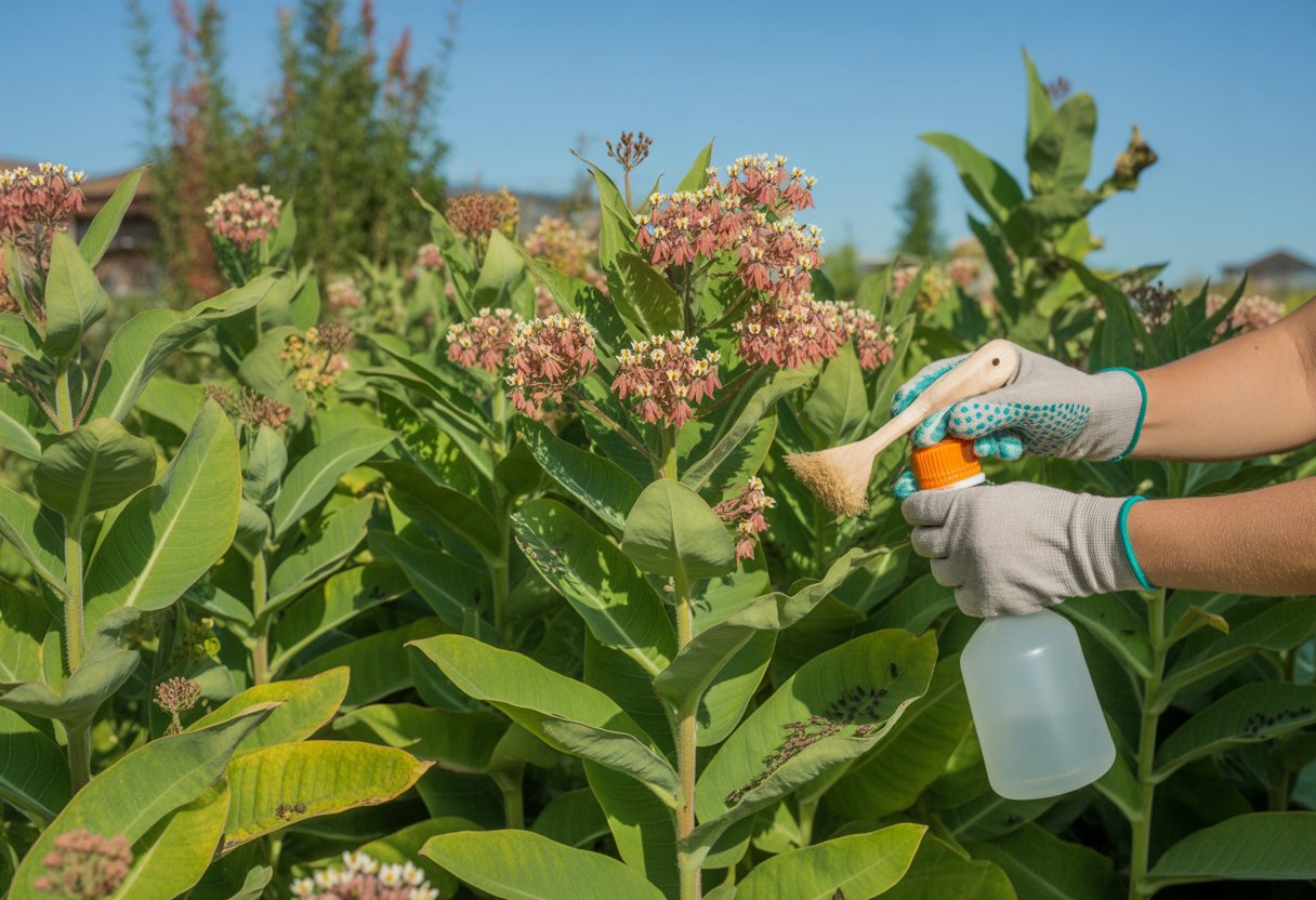 A gardener inspecting healthy milkweed plants in a garden, removing aphids to maintain an aphid-free environment.