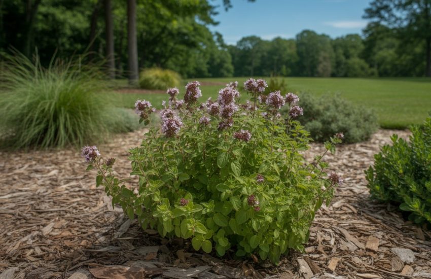 A garden in Tennessee with green oregano plants and purple flowers surrounded by other native plants and trees under a clear sky.
