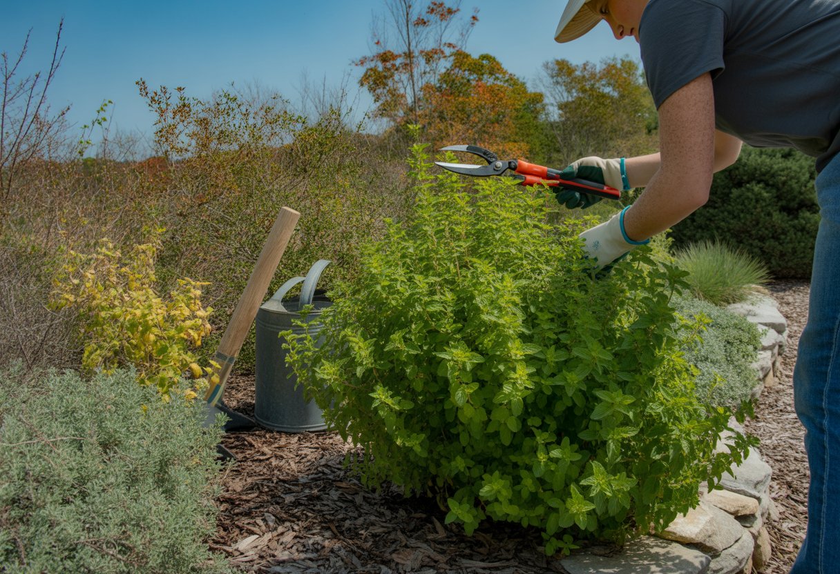 A gardener tending to healthy oregano plants in a Tennessee garden with natural landscaping and seasonal foliage.