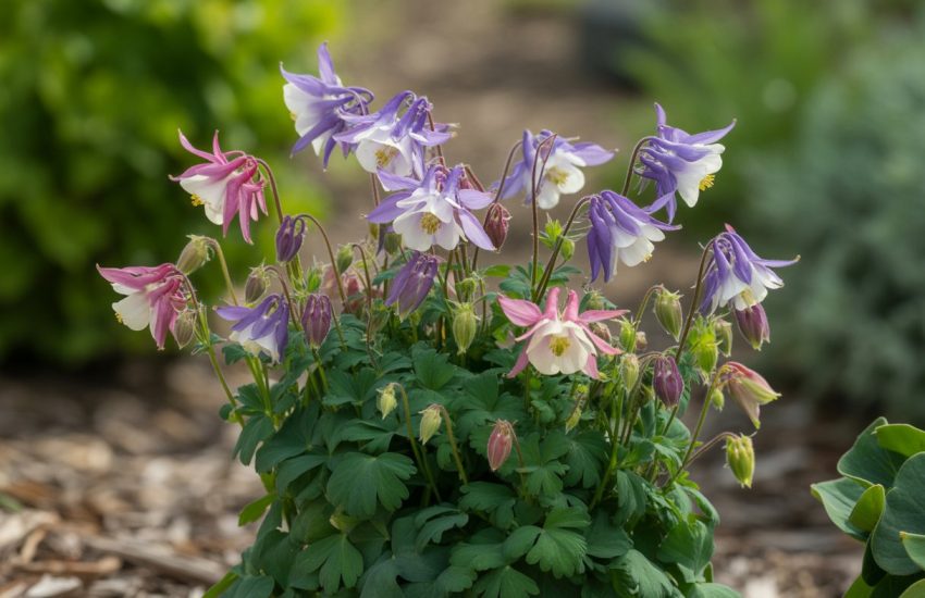 Ornamental columbine flowers with green leaves growing in a landscaped garden bed.