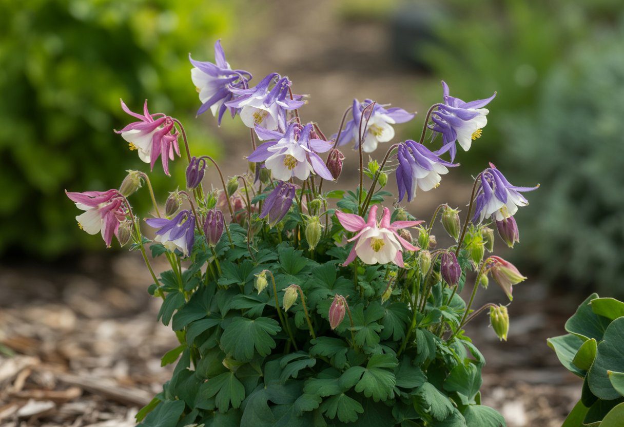 Ornamental columbine flowers with green leaves growing in a landscaped garden bed.