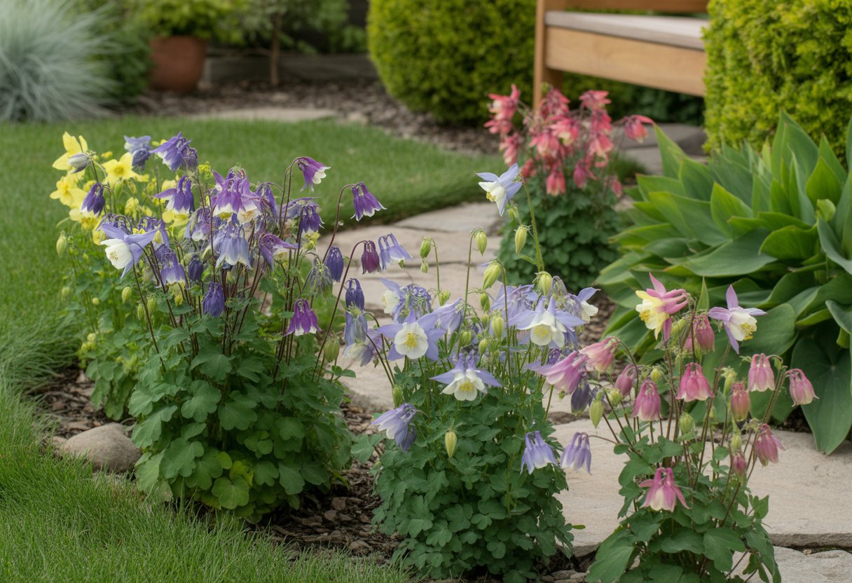 A garden landscape with colorful Columbine flowers blooming along a stone pathway surrounded by green grass and shrubs.