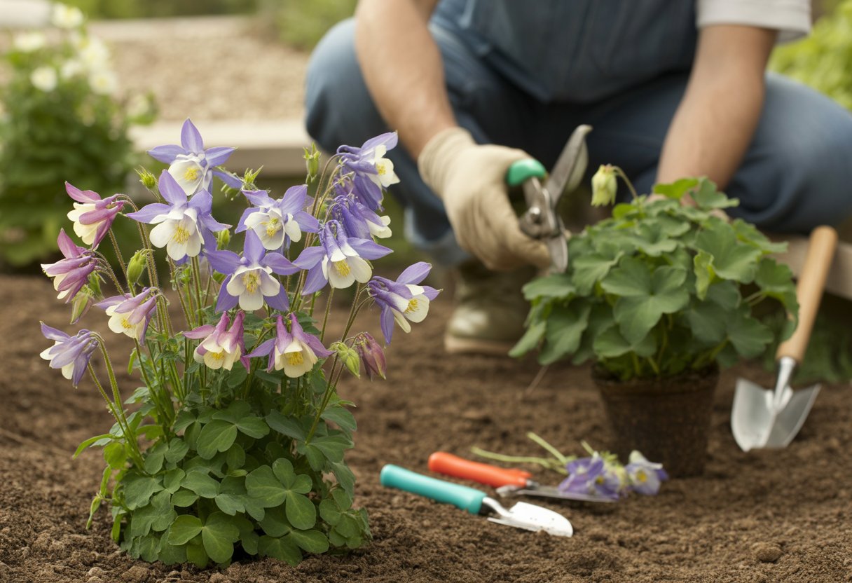 Close-up of vibrant columbine flowers with a gardener's hands pruning and propagating the plants in a garden bed.