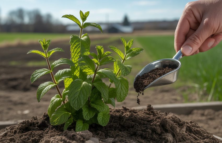 A gardener holding a small fertilizer scoop near a healthy mint plant growing outdoors in a garden with farmland in the background.