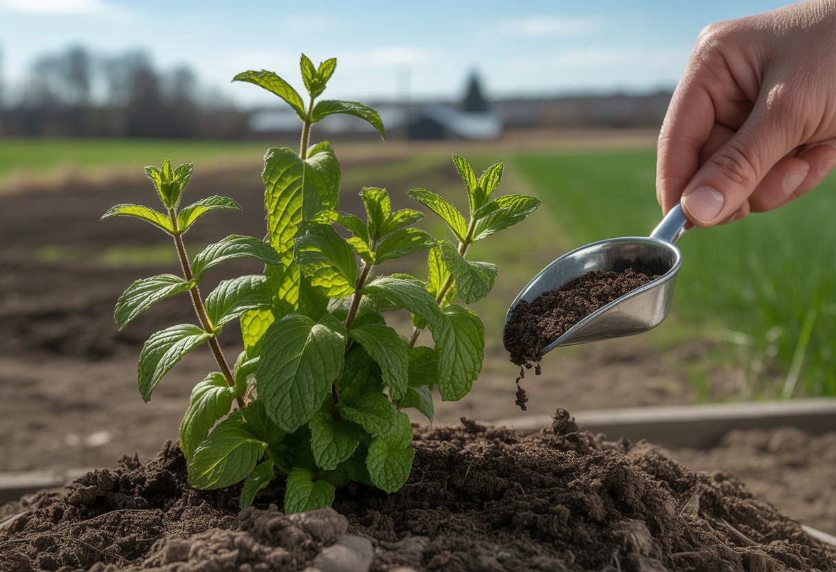 A gardener holding a small fertilizer scoop near a healthy mint plant growing outdoors in a garden with farmland in the background.
