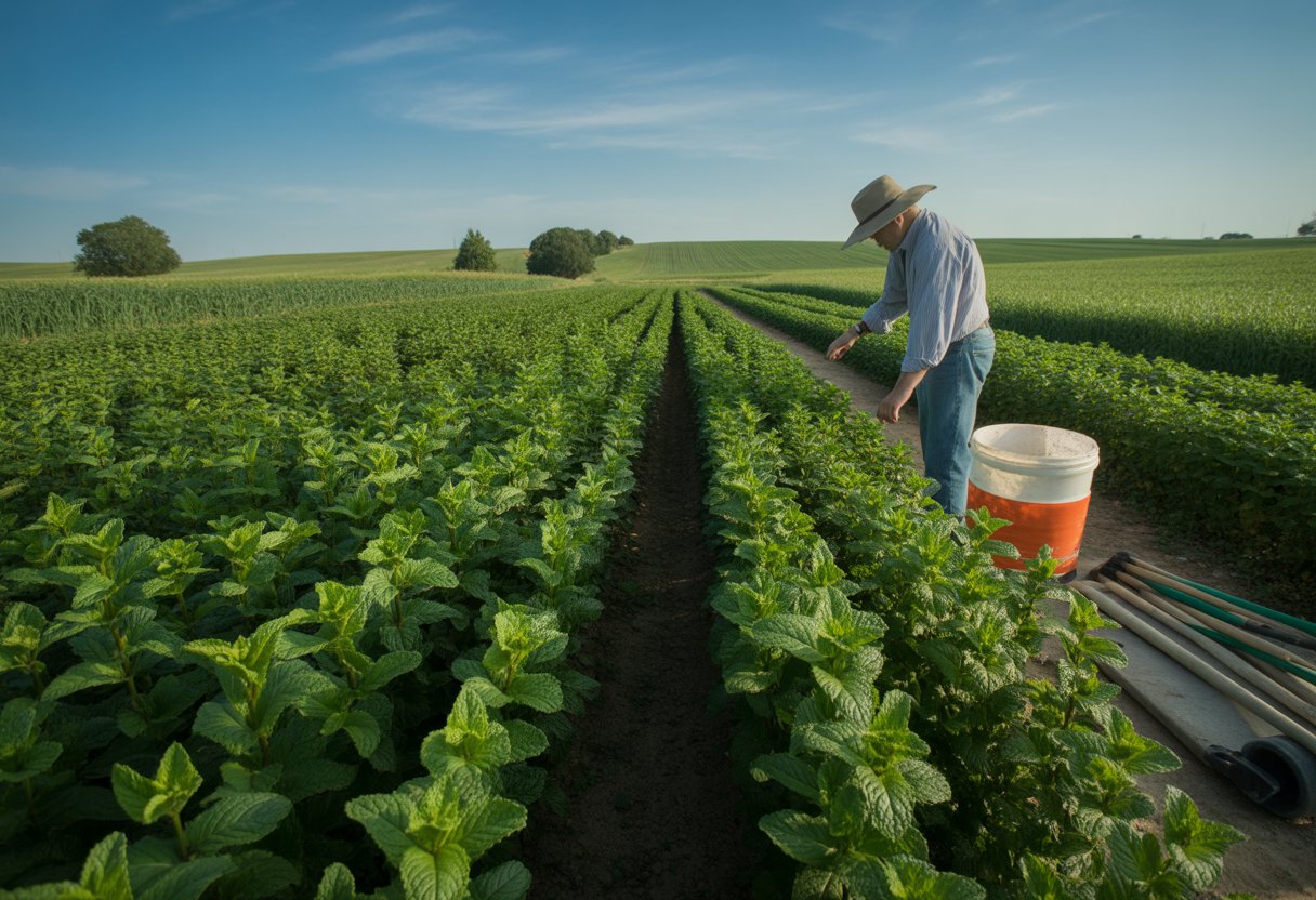 A farmer inspecting rows of green mint plants in a Nebraska field with fertilizer and tools nearby on a sunny day.