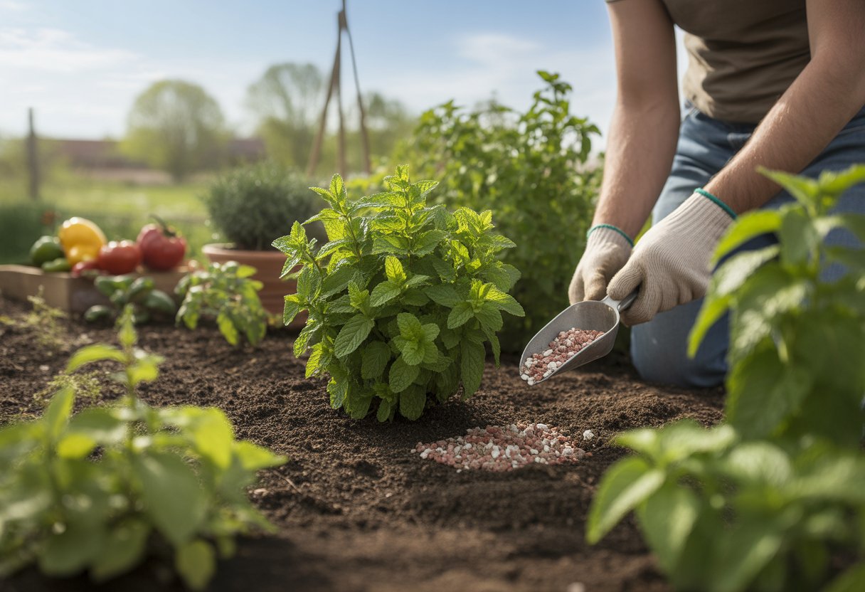 A gardener applying fertilizer to a mint plant surrounded by other healthy garden plants in a sunny outdoor garden.