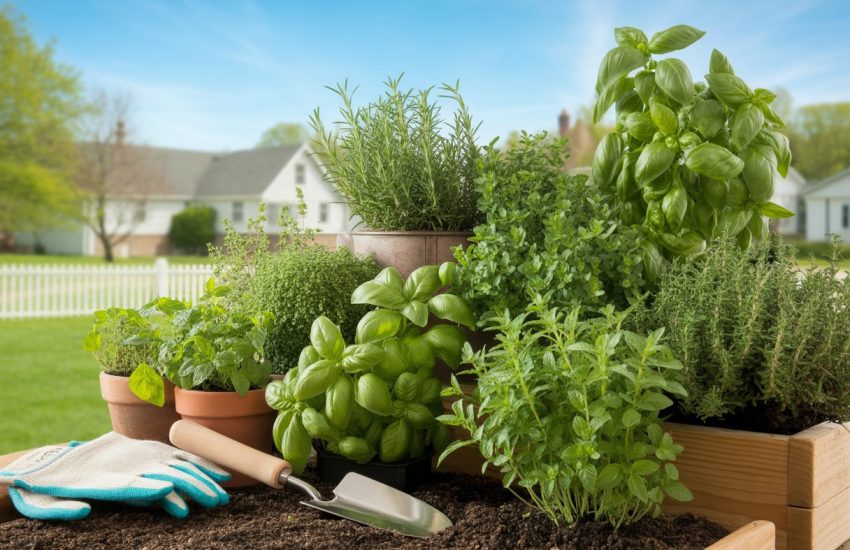 A lush herb garden with various green herbs growing in raised beds and pots in a suburban backyard with a white picket fence and clear blue sky.