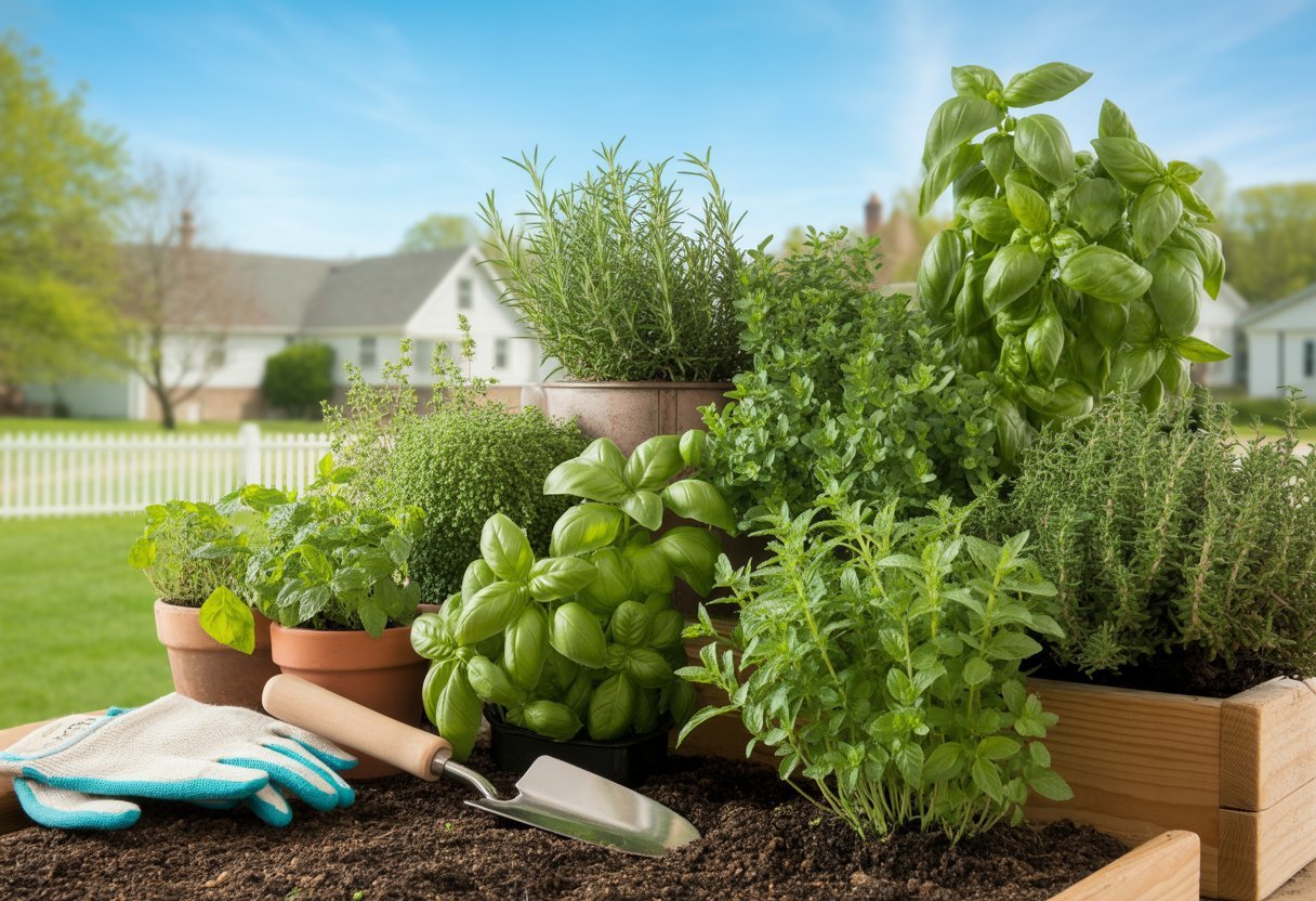 A lush herb garden with various green herbs growing in raised beds and pots in a suburban backyard with a white picket fence and clear blue sky.