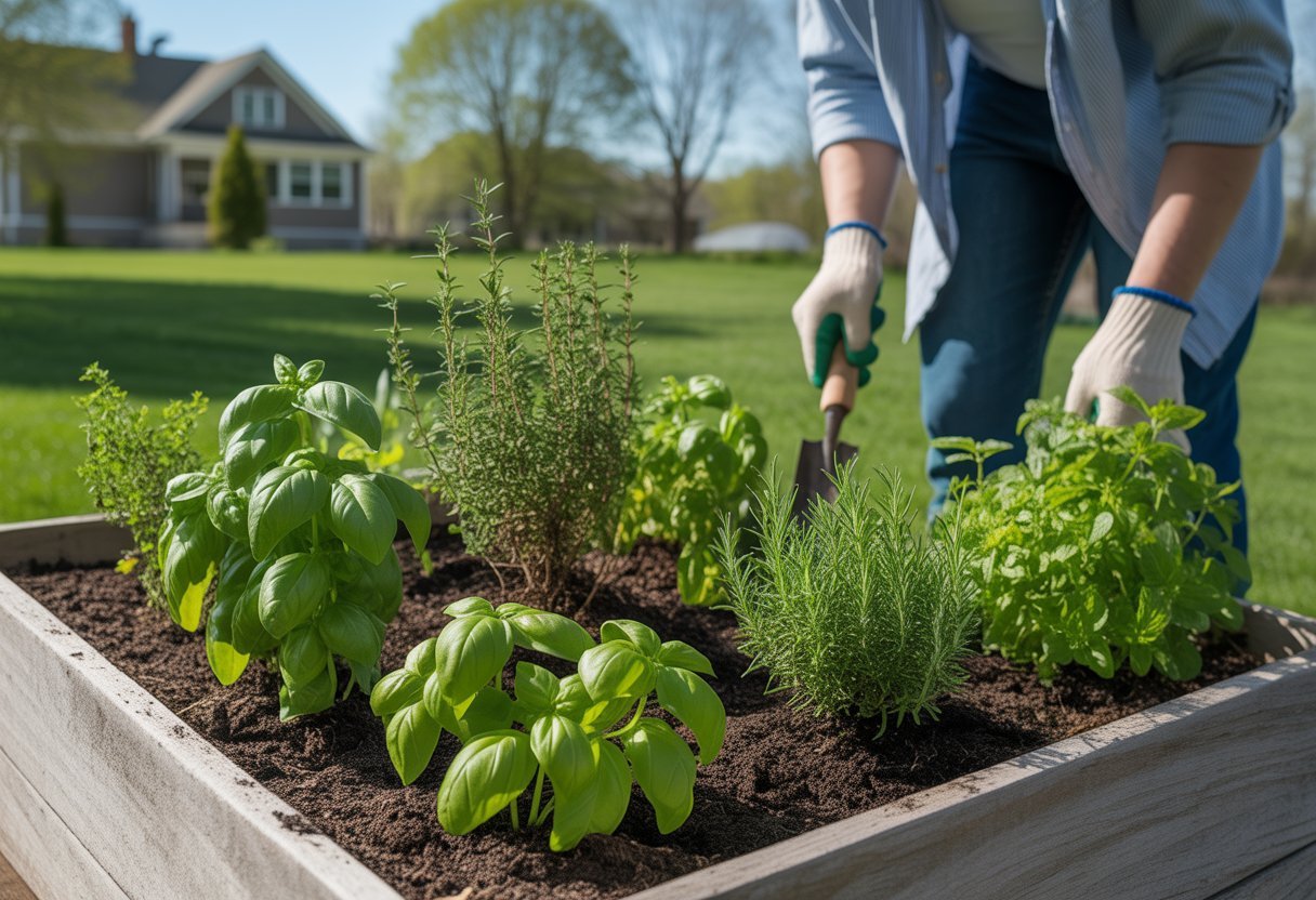 A person tending to fresh herb plants in raised garden beds in a backyard with a house and trees in the background.