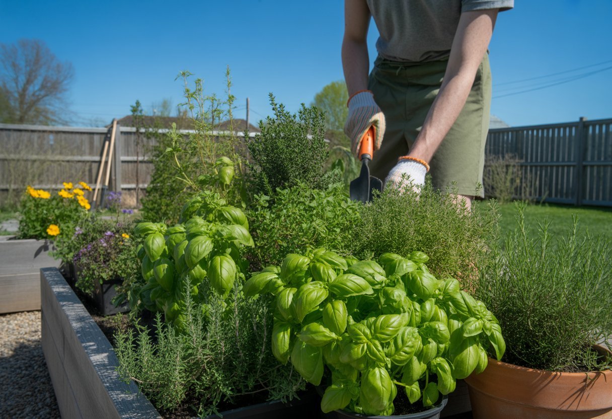 A person tending to a healthy herb garden with various green herbs growing in raised beds and pots in a sunny backyard.