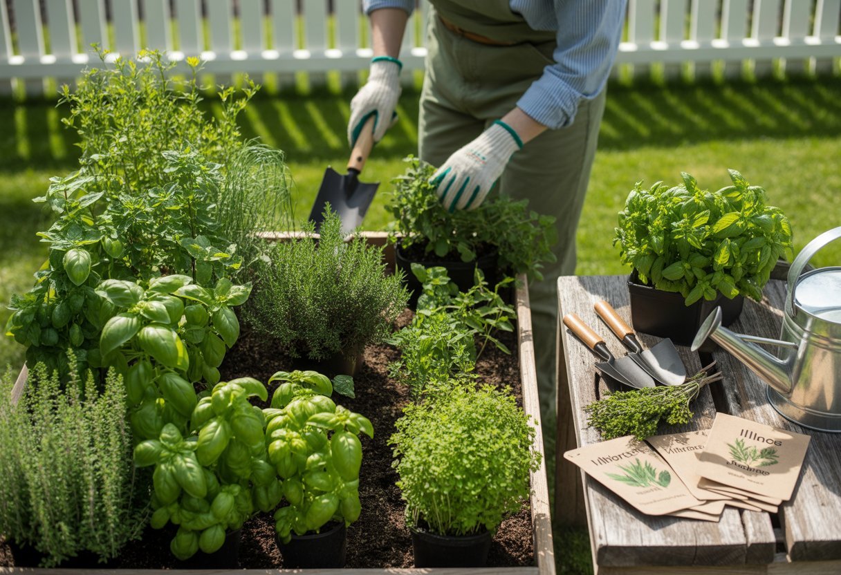 A person tending to a vibrant herb garden with fresh green herbs growing in raised beds, a wooden table with harvested herbs and gardening tools, set in a backyard garden with a white picket fence.