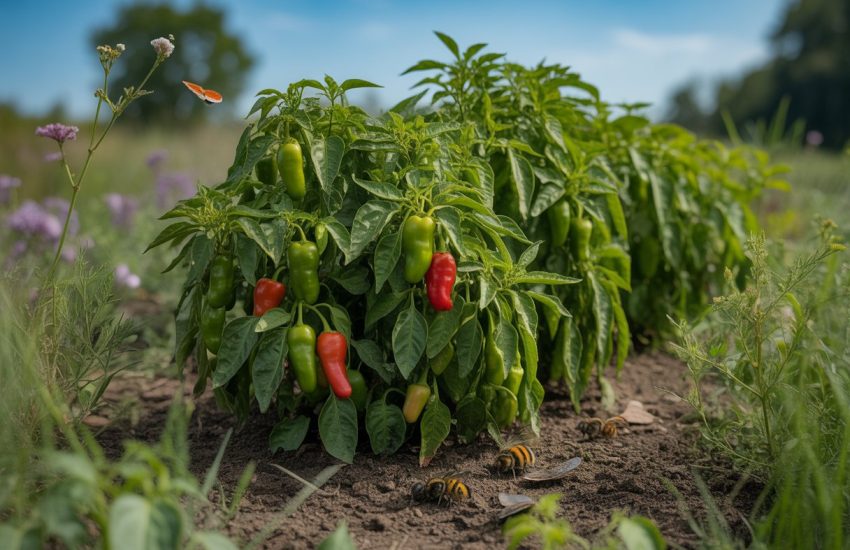 A garden bed with healthy native pepper plants bearing red and green peppers, surrounded by other plants and insects under a clear sky.