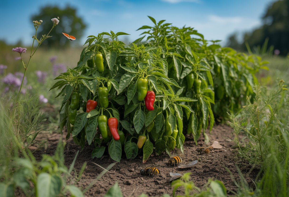 A garden bed with healthy native pepper plants bearing red and green peppers, surrounded by other plants and insects under a clear sky.