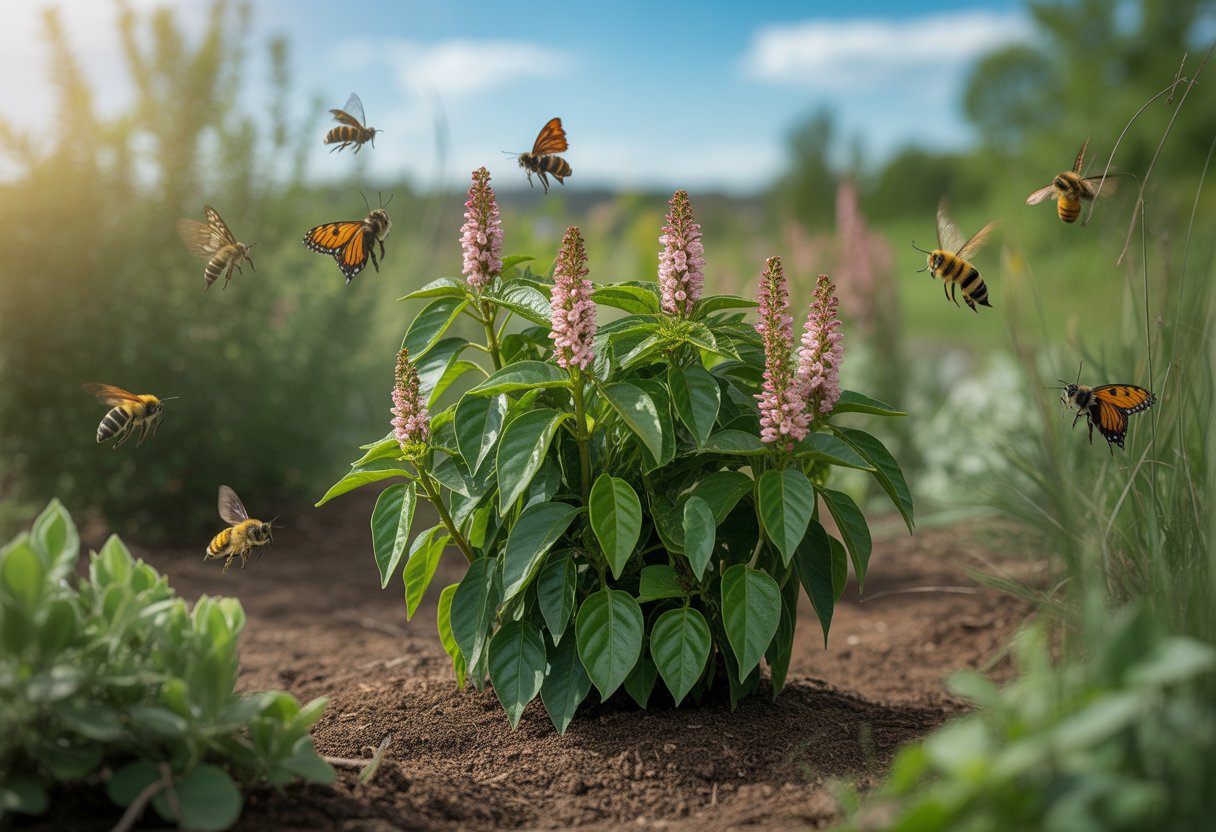 Native pepper plants growing in a garden with bees and butterflies among green vegetation under a clear sky.