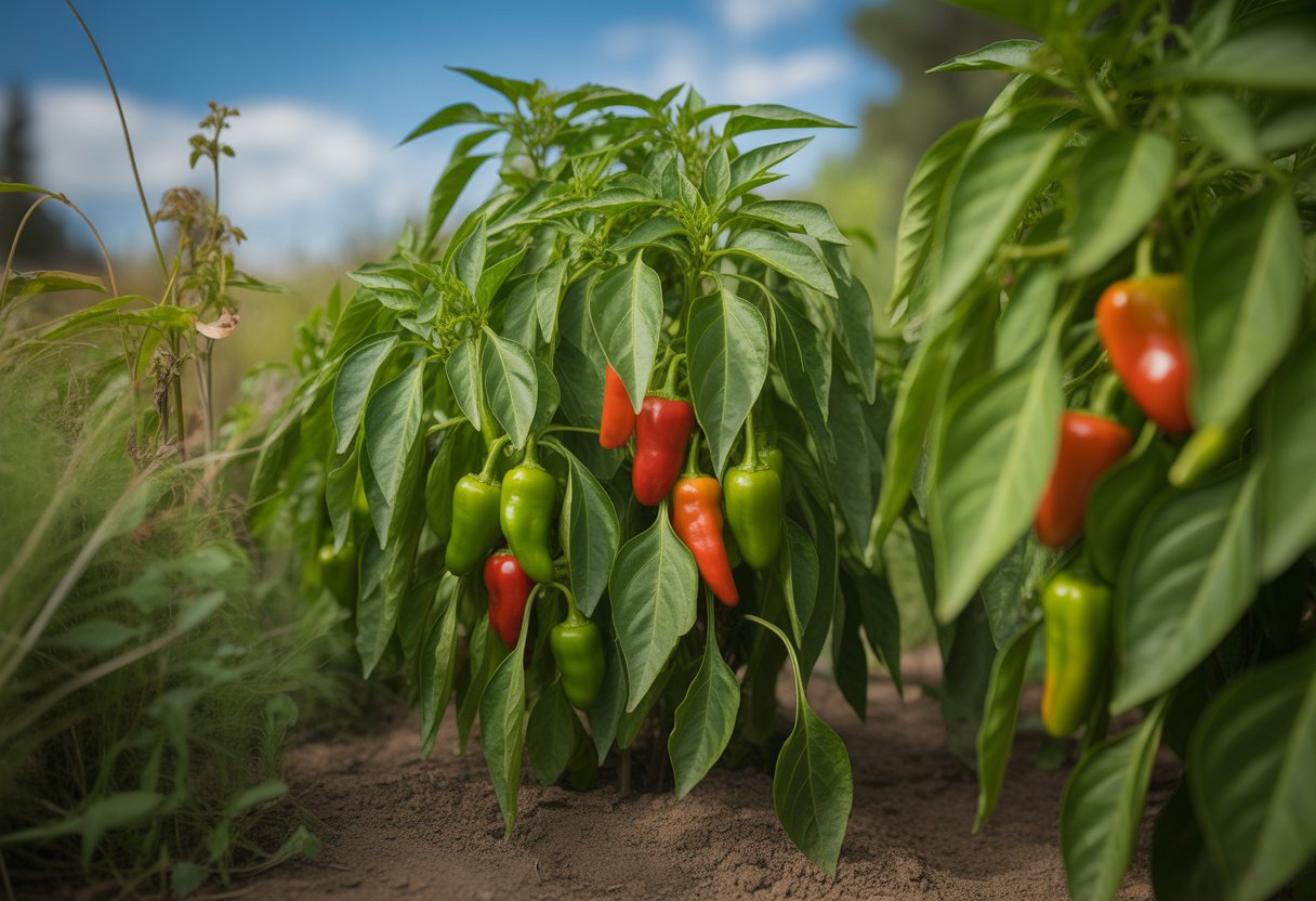 A garden with healthy native pepper plants bearing ripe red and green peppers under natural sunlight.