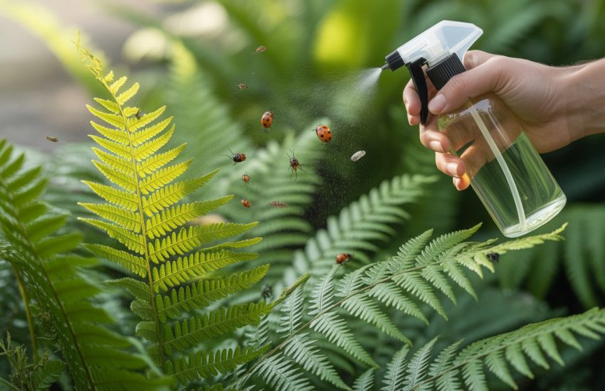 A hand spraying organic pest control on healthy green fern plants with beneficial insects nearby.