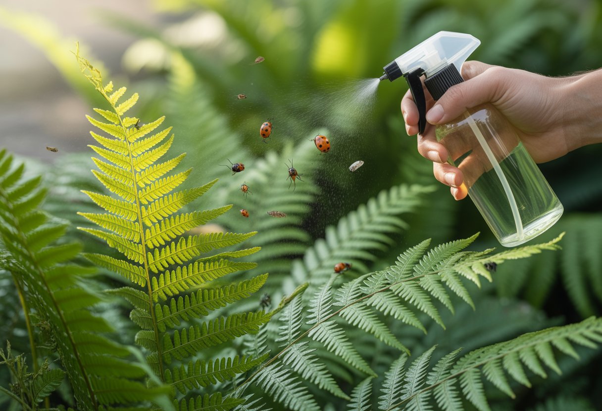 Organic Pest Control for Ferns: Effective Strategies for Healthy Growth - PlantNative.org A hand spraying organic pest control on healthy green fern plants with beneficial insects nearby.