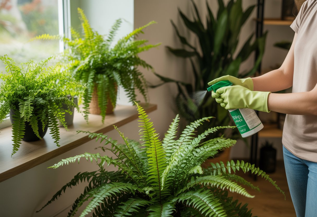 Organic Pest Control for Ferns: Effective Strategies for Healthy Growth - PlantNative.org A person spraying organic pest control on healthy indoor and outdoor ferns in a garden and indoor plant setting.