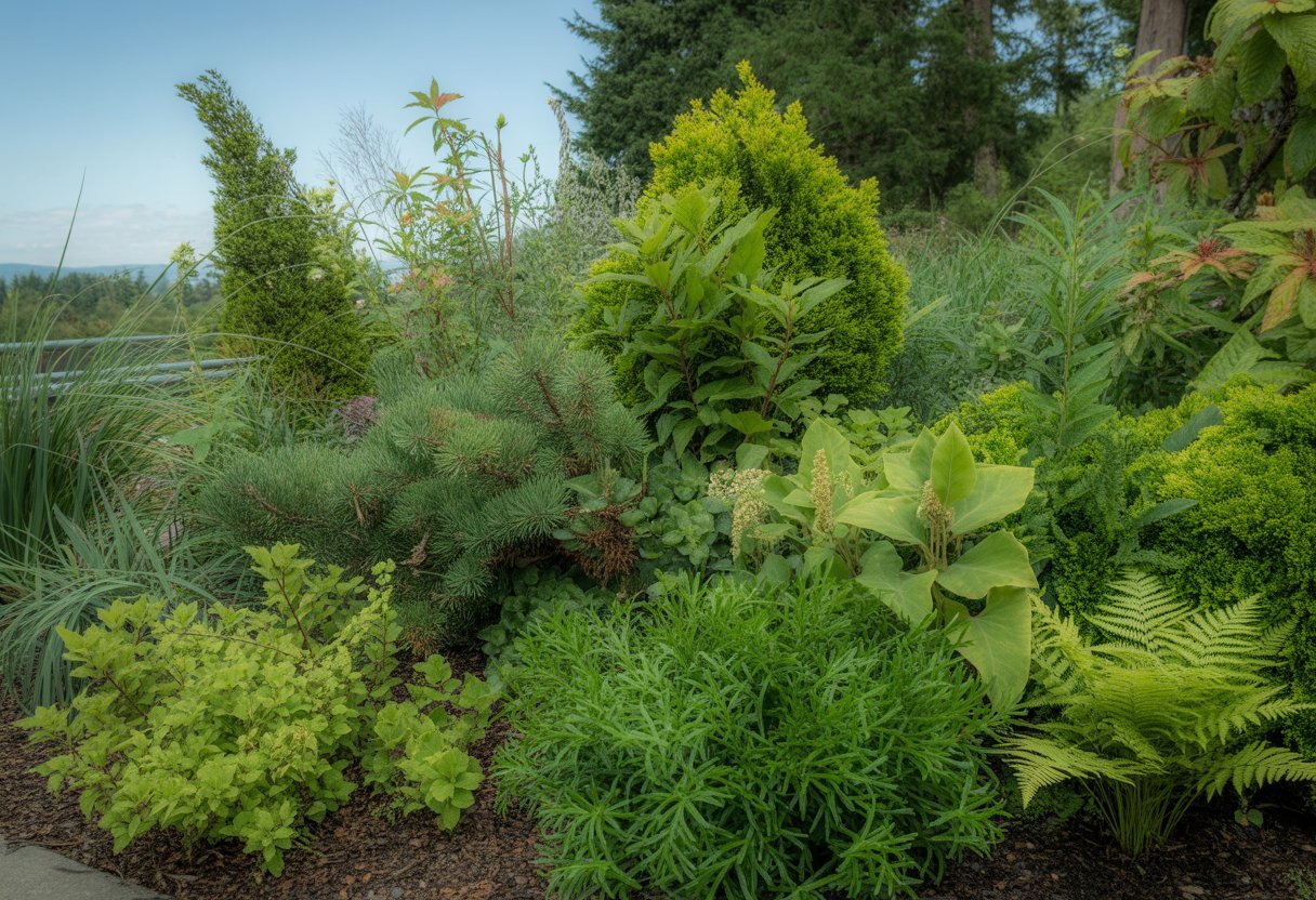 Low Maintenance Native Plants Washington for Sustainable, Easy-Care Gardens - PlantNative.org A garden bed filled with green native plants and wildflowers typical of Washington, surrounded by forest trees under a clear sky.