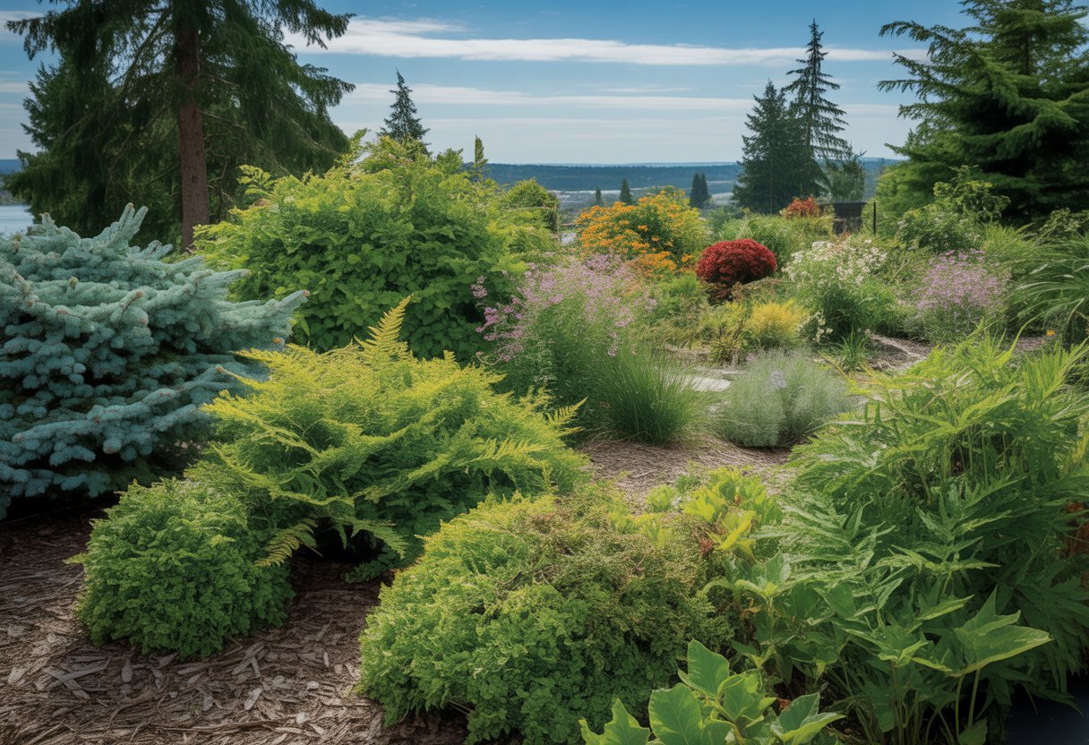 Low Maintenance Native Plants Washington for Sustainable, Easy-Care Gardens - PlantNative.org A bright garden in Washington with various healthy native plants, including shrubs and wildflowers, surrounded by evergreen trees and hills in the distance.