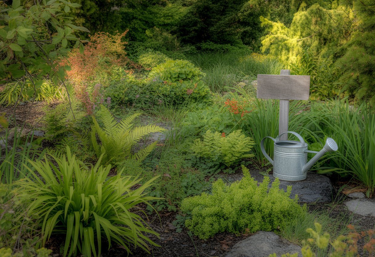 Low Maintenance Native Plants Washington for Sustainable, Easy-Care Gardens - PlantNative.org A lush native plant garden in Washington with diverse green plants and colorful flowers, sunlight filtering through trees, and gardening tools nearby.