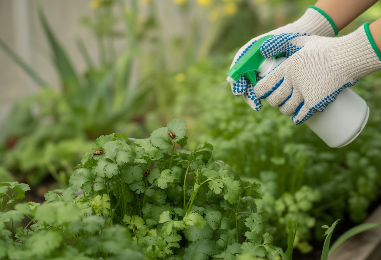 Hands applying natural pest control spray to healthy cilantro plants in a garden with beneficial insects visible.