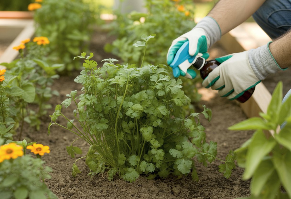 A gardener inspecting healthy cilantro plants in a garden, holding a natural pest control spray, surrounded by companion plants.
