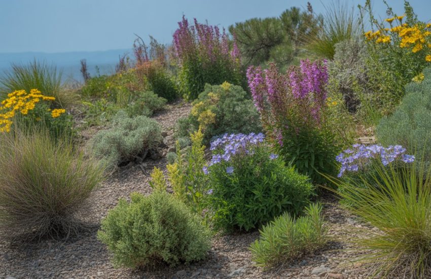 A natural outdoor scene featuring native Colorado plants including wildflowers, grasses, and shrubs growing in rocky soil with mountains in the background.