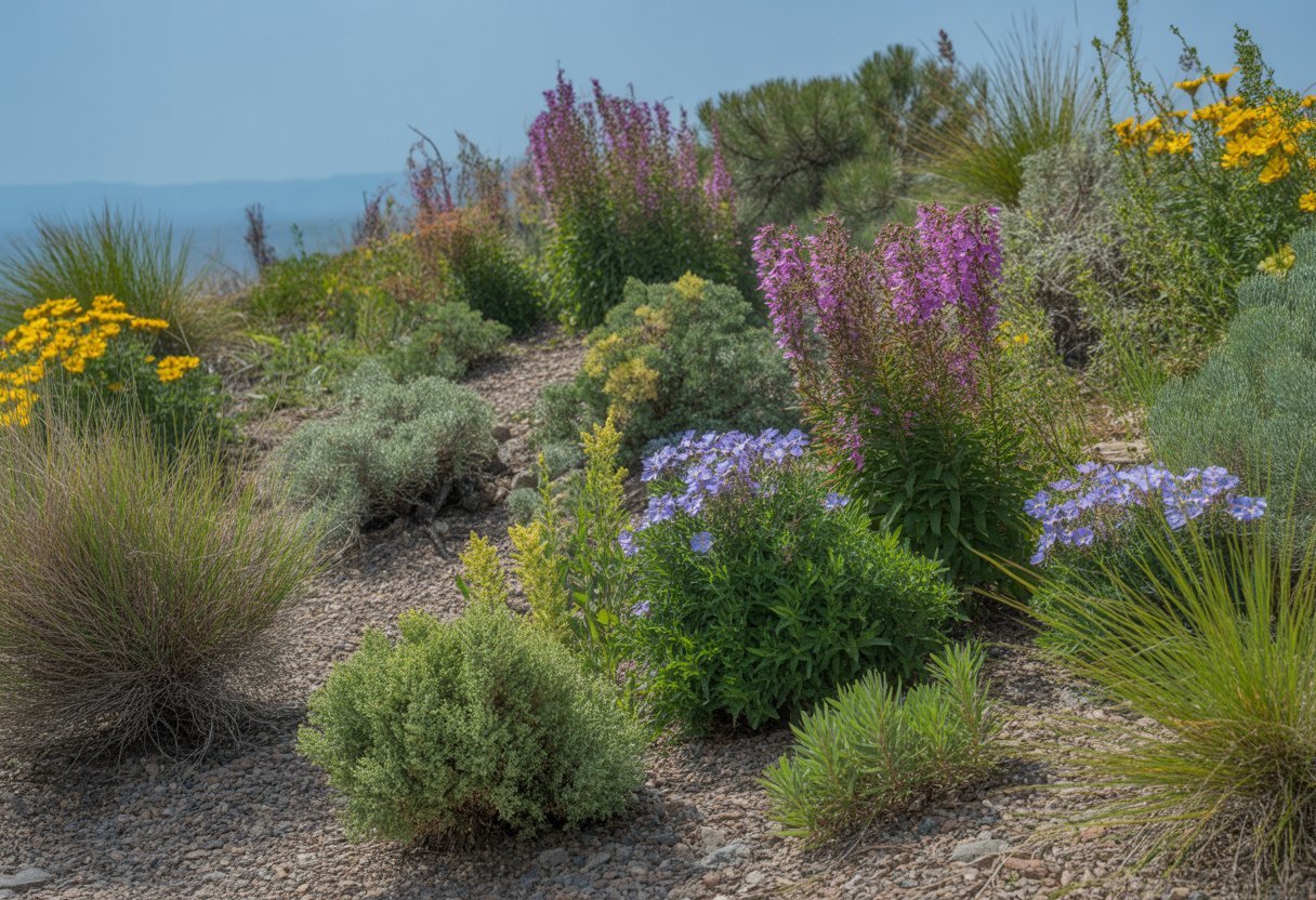 A natural outdoor scene featuring native Colorado plants including wildflowers, grasses, and shrubs growing in rocky soil with mountains in the background.
