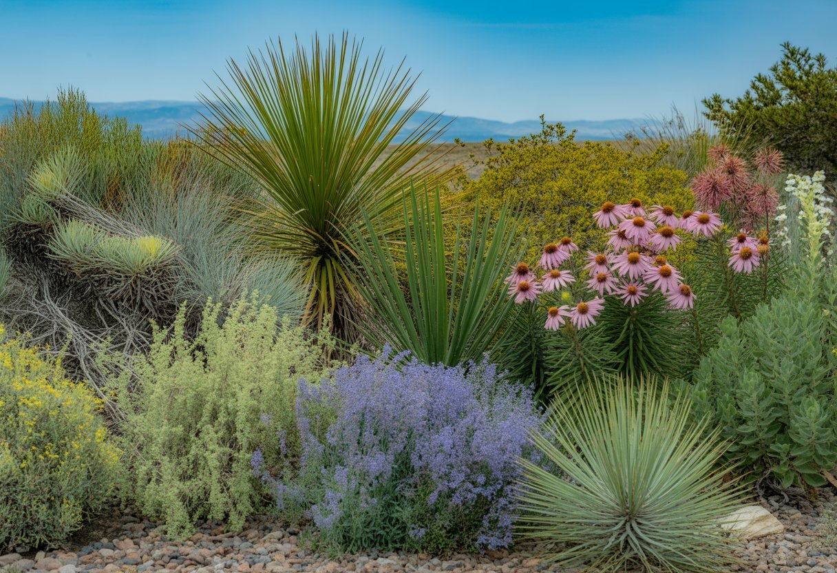 A natural garden with various native Colorado plants including shrubs, grasses, and wildflowers set against mountains under a clear blue sky.